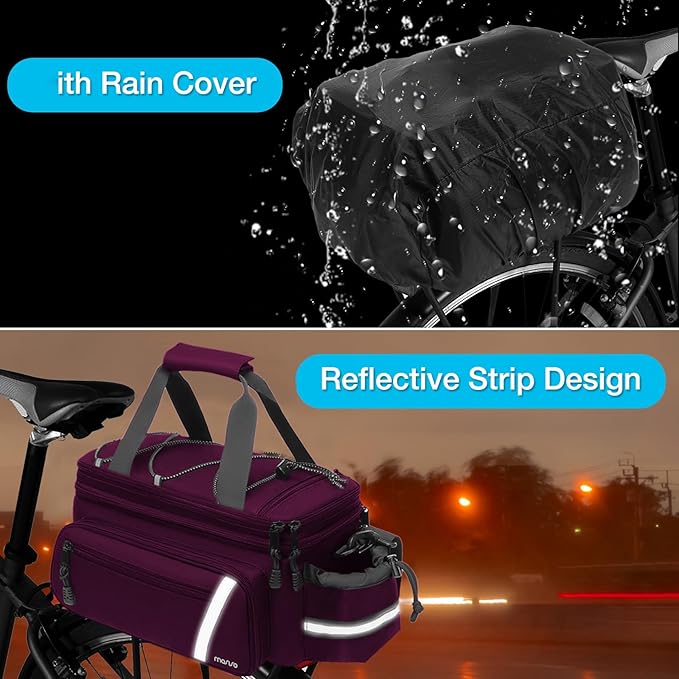 MOSISO Bike Rack Bag with Rain Cover, Bike Trunk Cooler Handag Insulated Bicycle Rear Seat Pouch with 2 Side Foldable Panniers, 8L Cycling Backseat Storage Cargo Saddle Shoulder Bag, Rose Red