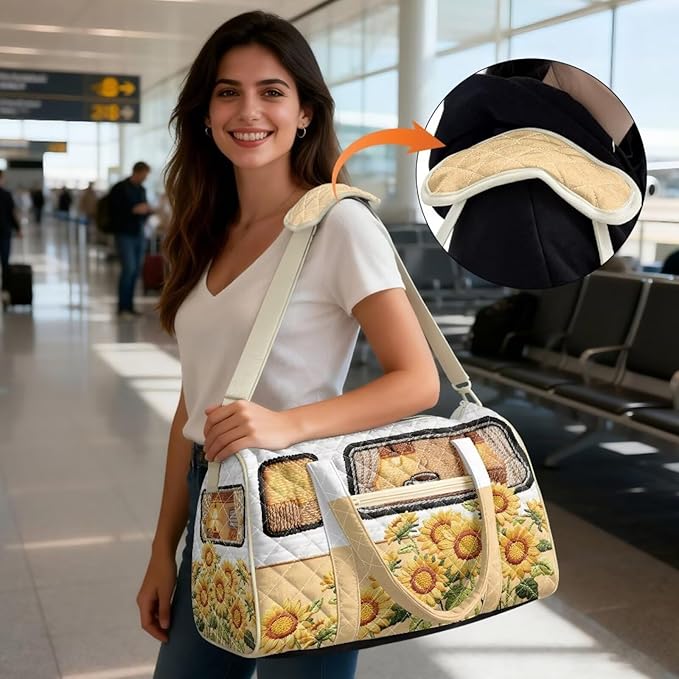 COEQINE Beige Sunflower Camper Van Duffle Bag for Women Travel Quilted Tote Bag Large Car Themed Carry on Luggage Duffle Bag with Toiletry Bag Weekender Overnight for Workout