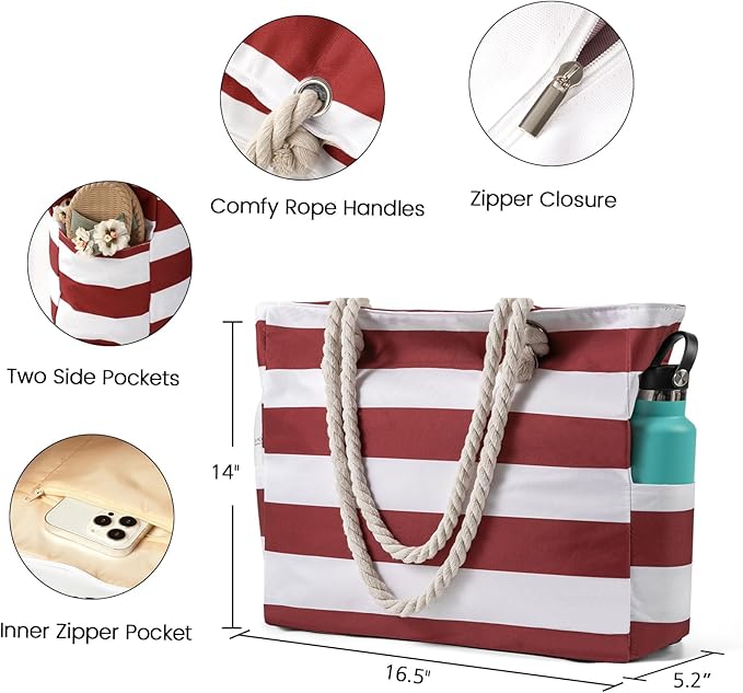 Clothirily Beach Bag for Women - Large Beach Tote Bag, Waterproof Sandproof Beach Bag with Zipper, Large Swim Pool Beach Tote