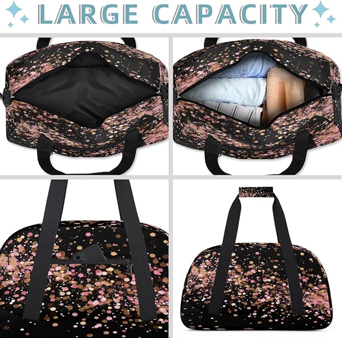 Travel Duffle Bag, Pink And Black Sequins Waterproof Weekender Overnight Bags for Women Men Lightweight Carry on Duffle Gym Bag for Travel, Sports, Fitness, Workout