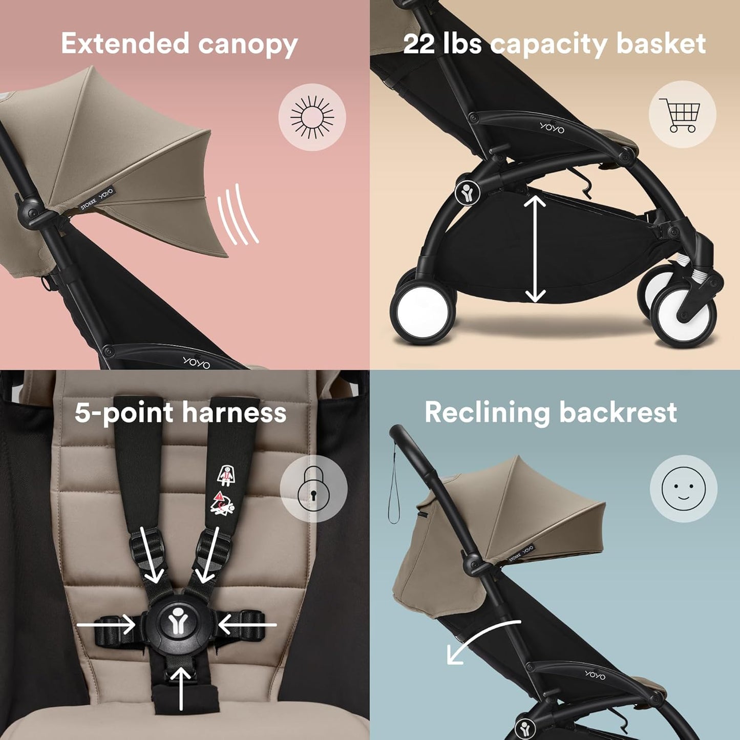 Stokke YOYO3 Stroller from 6 Months - Includes Black Frame/Taupe Seat Cushion + Canopy - Folds in & Out in a Flash - Light & Compact - Carry-On Compatible
