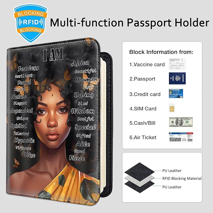 Passport Holder Women Wallet with Luggage Tag, Leather Passport Cover with RFID Blocking, Travel Accessories Multi Card Slot Passport Case for Men，African American Girl