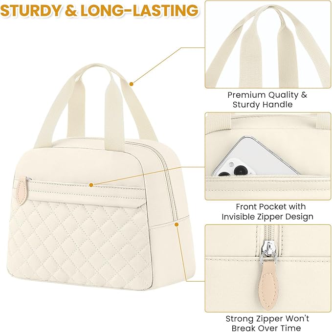 Insulated Lunch Bag for Women, Portable Lightweight Lunch Box for Adults, Reusable Small Lunch Tote Cooler Bags with Front Zipper Pocket for Work School Picnic(Beige)