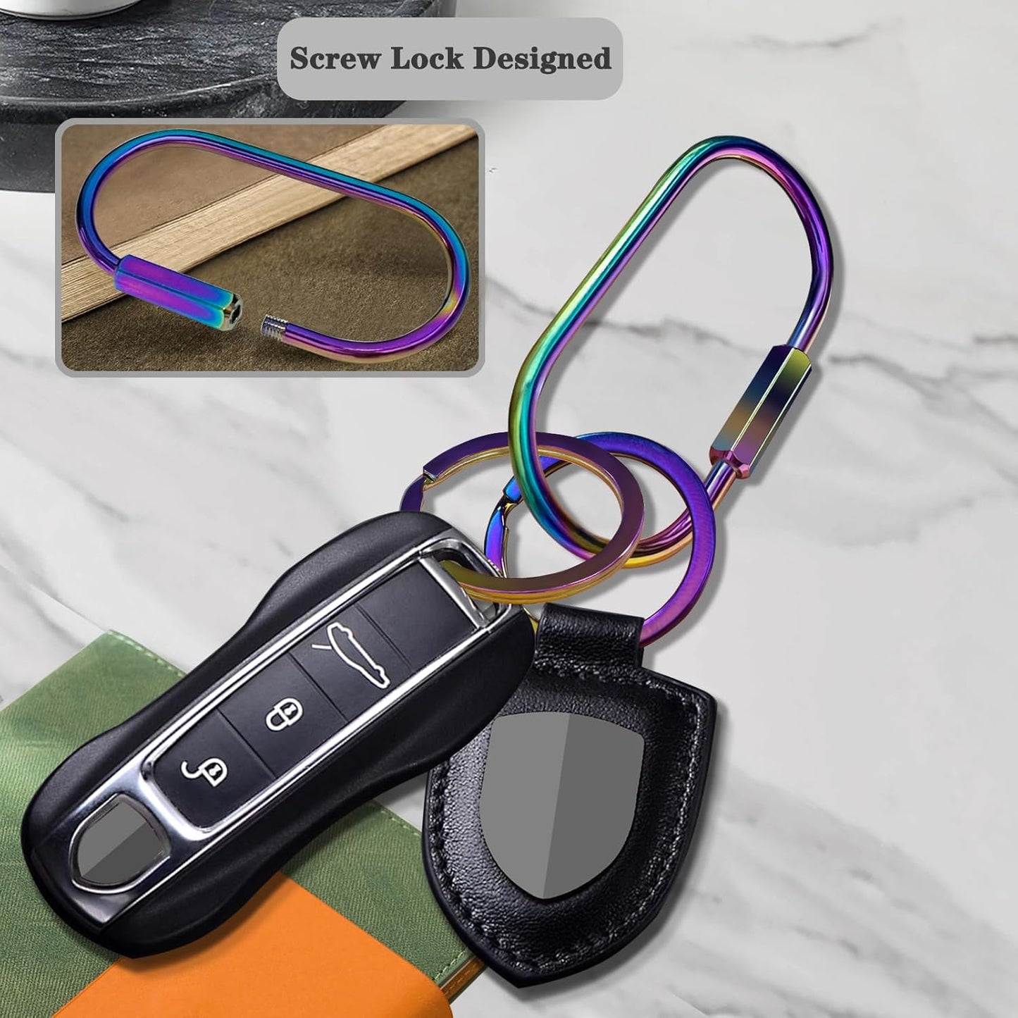 Key Chain, Brass Key Rings 2 Pack Screw Lock Key Organizer with 4 Rings Carabiner Keychain Clip for Men and Women