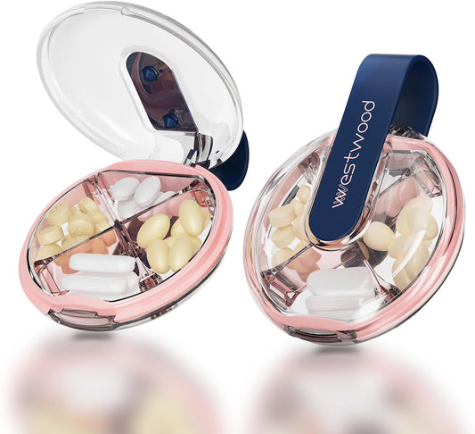 1 Pack Easy-to-Hold Small Round Blue Pill Organizer with Decorative Strap, 4 Compartments, Compact Travel Pill Box Case, Portable and Moistureproof to Store Vitamins, Medication and Supplements