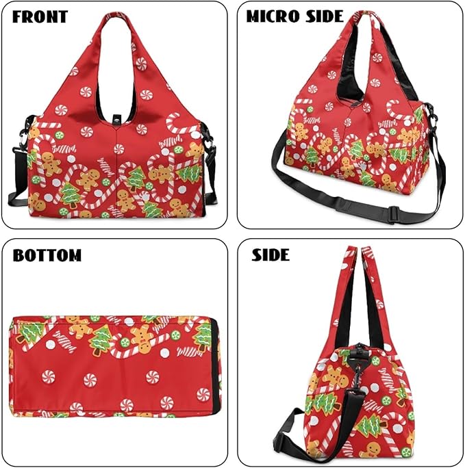 Christmas Candy Cane Gingerbread Women Duffle Bag for Travel Carry On Gym Bag with Shoes Compartment & Yoga Mat Strap Sports Camping Overnight Weekender Bags for Christmas Outfits