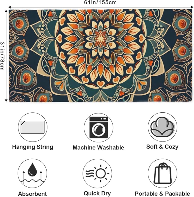 Ethnic Florals Mandala Beach Towel, Large Microfiber Quick Dry Lightweight Pool Bath Towels Sand Free Beach Blanket for Summer Cruise Yoga Camping Travel Vacation Essentials 31 x 61 in