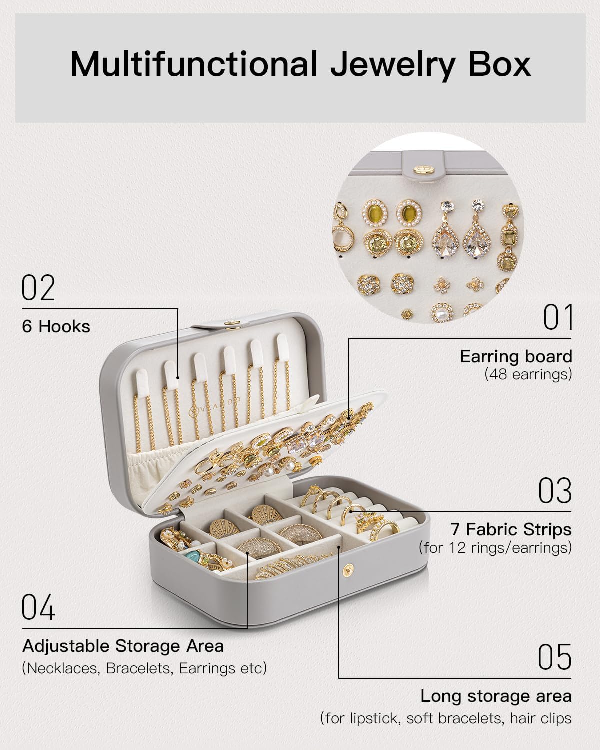 Vlando Travel Jewelry Case, PU Leather Travel Jewelry Box with Earring Holder, Portable Display Small Jewelry Box for Mothers Day Women Girls Gift - Grey