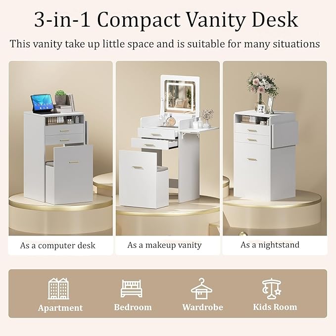 ARTETHYS Small Vanity Desk Set with Flip-top Mirror and Lights White Integrated 3 in 1 Makeup Vanities Set for Compact Space Mini Dressing Table with Fold-up Panel and Storage Chair for Bedroom