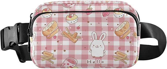 Kawaii Pink Checkered Bunny French Fries Fanny Pack for Women Men Water Resistant Fashion Waist Packs with Adjustable Strap Belt Bag for Travel Workout Jogging Hiking 21219120