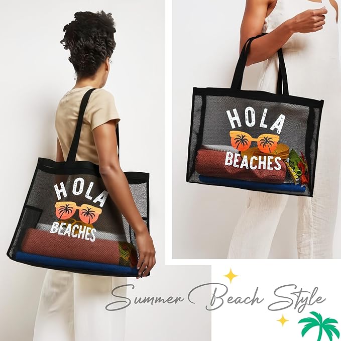 30L Large Beach Bag with Pouch Foldable Sandproof Lightweight Mesh Tote Bag with Two Pockets for Swimming Travel