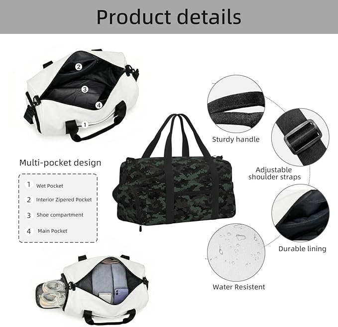 Abstract Dots Camouflage Sports Gym Bag For Men Women Travel Duffel Bag With Shoe Compartment Water Resistant Gym Bag Carry On Duffel Bag For Yoga Gym Sports Weekend Traveling