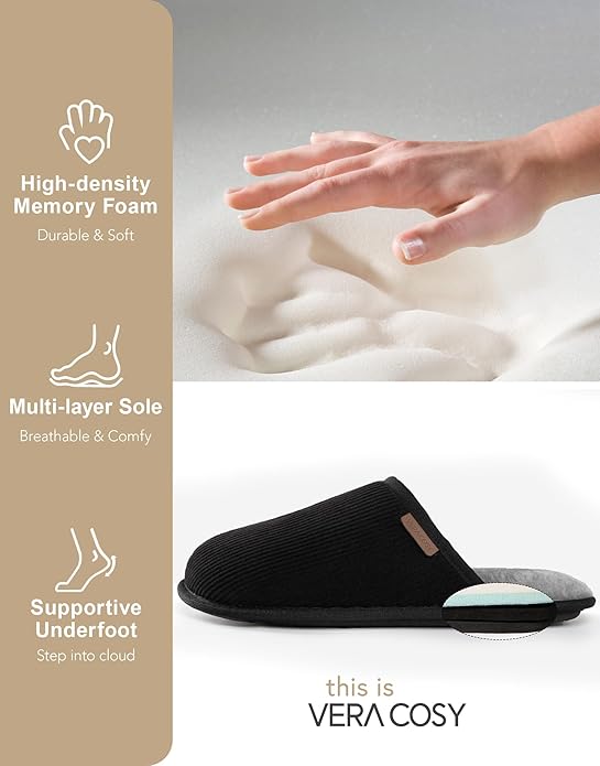 VeraCosy Men's Corduroy Scuff Slippers Soft Comfy Memory Foam Non-slip Indoor House Shoes