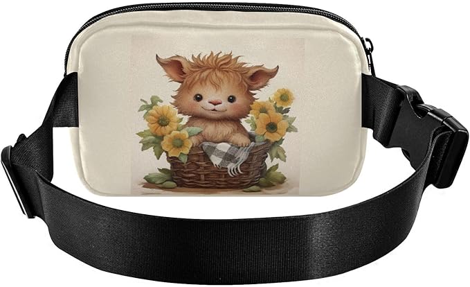 Kawaii Highland Cow Sunflowers Basket Fanny Pack for Women Men Water Resistant Fashion Waist Packs with Adjustable Strap Belt Bag for Travel Workout Jogging Hiking 21218102