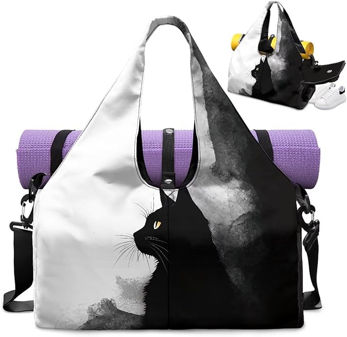 Black Cat Print Gym Bag with Shoe Compartment Large Capacity Duffle Bags Portable Lightweight Gym Bag with Wet Pocket Water Resistant Yoga Mat Holder Duffel Bags Swimming Yoga Workout