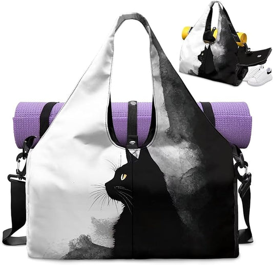 Black Cat Print Gym Bag with Shoe Compartment Large Capacity Duffle Bags Portable Lightweight Gym Bag with Wet Pocket Water Resistant Yoga Mat Holder Duffel Bags Swimming Yoga Workout