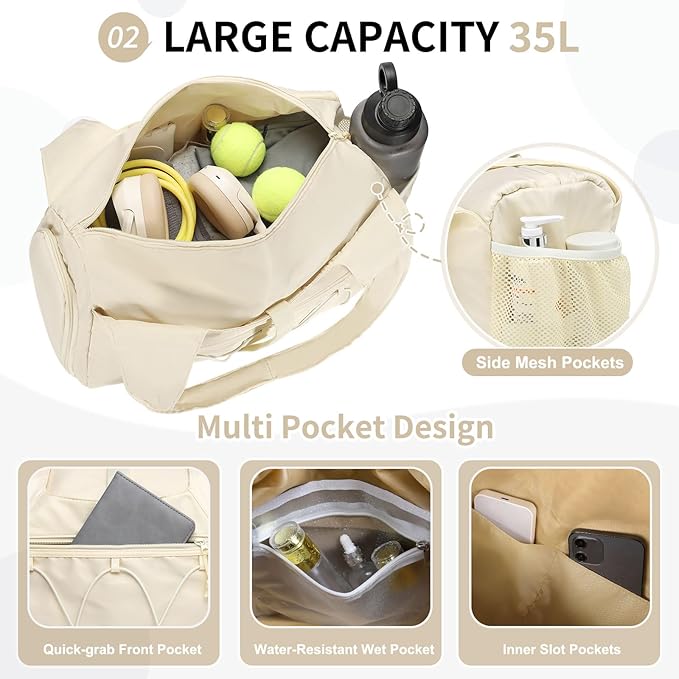Small Gym Bag for Women, Mini Duffel Bag with Shoe Compartment, Cute Sports Tote Bag Dance Yoga Mat Luggage with Crossbody Water Bottle Bag, Beige