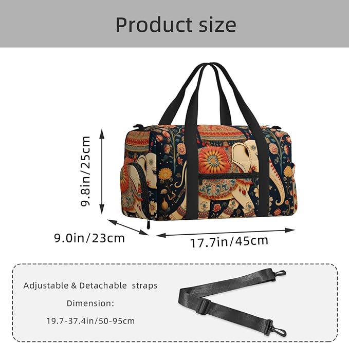 Sports Gym Bag Ethnic Animal Elephant Floral Travel Duffel Bag With Shoe Compartment Shoulder Strap, Lightweight Water-Resistant Weekend Overnight Totes For Women Men