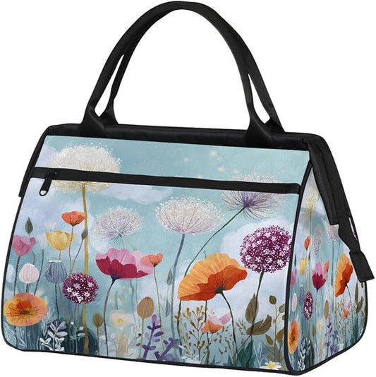 Overnight Weekender Bags for Women Men, Garden Wildflowers Waterproof Travel Carry On Duffel Bag, Lightweight Sports Gym Bag for Fitness, Workout, Travel
