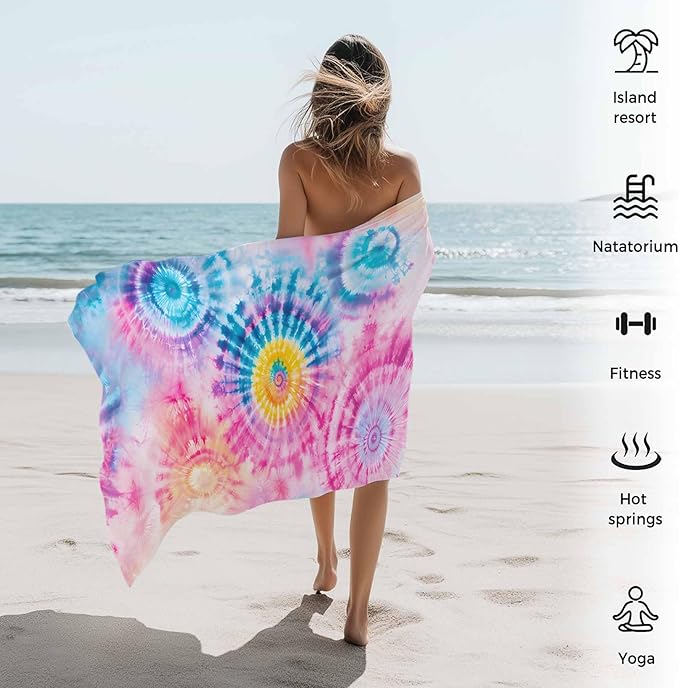 Abstract Tie-Dye Art Beach Towel 35" x 71" Pink Teal Gradient Watercolor Quick Dry Sand Free Pool Towels Soft & Absorbent Compact Towels Beach Accessories for Travel Bathroom Swimming Pool