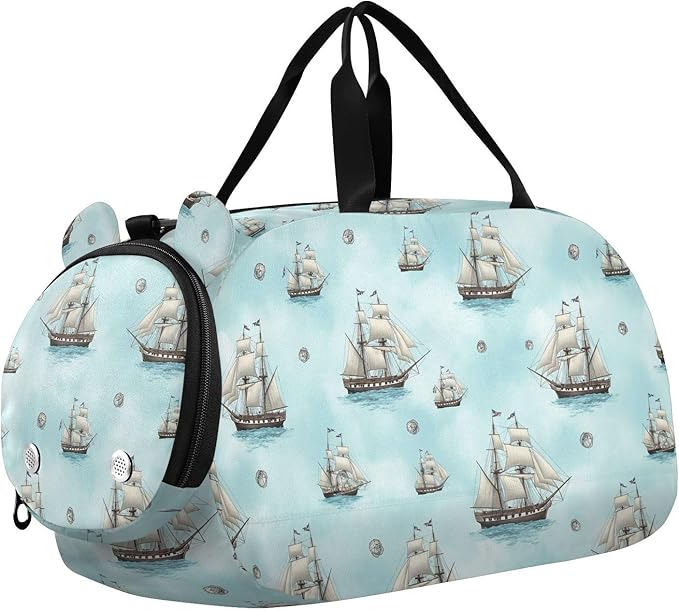VIGTRO Nautical Ships Blue Water Kids Overnight Travel Duffel Bag Sport Gym Bag for Boys Girls with Shoe Compartment, Carry On Weekender Luggage Bag for Dance Swim Yoga
