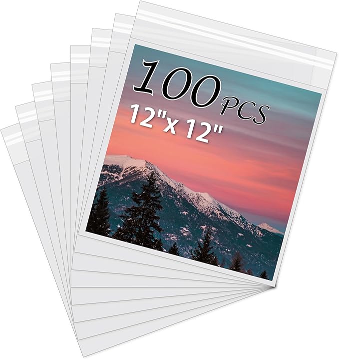 Acid-Free Picture Sleeves, 100Pack Crystal Clear Storage Bags for 12x12 Art Prints, Pictures, Photos, Frame Mats (Bag Size: 12 3/8" x 12 3/8")