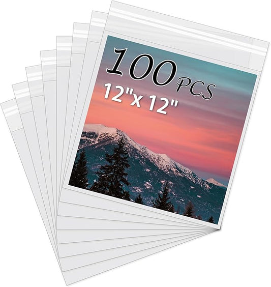 Acid-Free Picture Sleeves, 100Pack Crystal Clear Storage Bags for 12x12 Art Prints, Pictures, Photos, Frame Mats (Bag Size: 12 3/8" x 12 3/8")