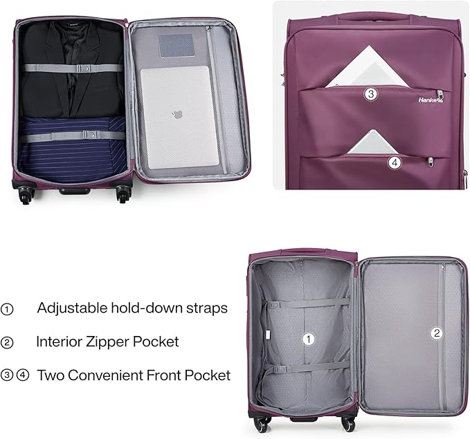 Hanke 28 Inch Luggage with Spinner Wheels Expandable Large Suitcase with Wheels Softside Check in Luggage Rolling Suitcase with Lock Lightweight Travel Luggage for Men and Women.(Purple)