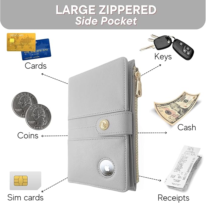 elzama Passport Holder with Airtag Slot for Travel Women, RFID Passport Wallet with Airtag Holder, Zipper Pocket Card Slots Pen Holder & Airtags Keychain (Air tag Not Included) Light Grey