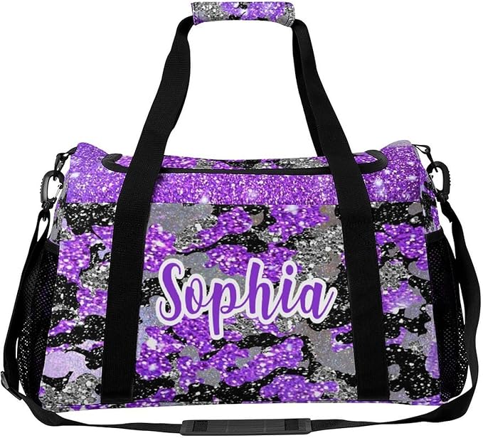 Purple Camo Bling Glitter Print Tote Bag, Customized Duffel Bags Weekender Overnight Bag Travel Bag Personalized Gift Gym Bags Luggage Bag