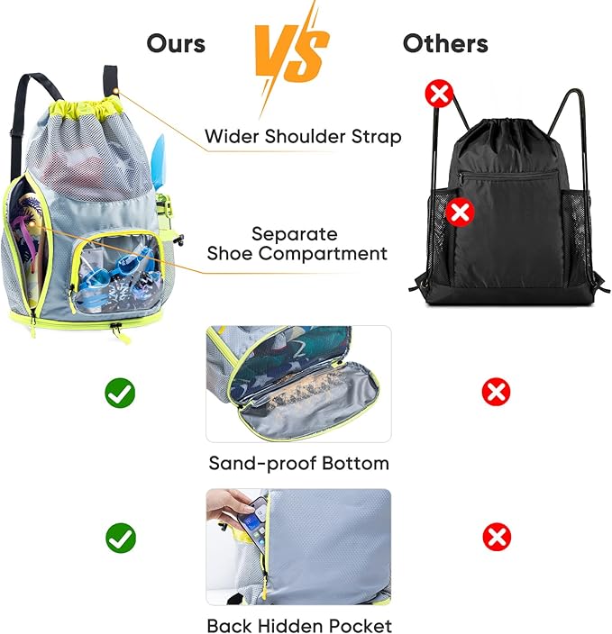 Drawstring Backpack Sandproof - Mesh Backpack Beach Bag with Shoe Compartment - Swim Bag for Beach, Pool - Pool Bag with Pockets for Toiletries - Wet Bag for Swimsuit - Summer Camp Essentials