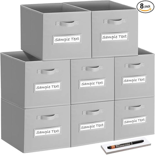 artsdi Fabric storage cubes (8 Pack) 13 Inch Cube Storage Bin, cube organizer bins with 8 Labels Window Cards & a Pen, Foldable cube organizer bins and Storage Box, Light Grey