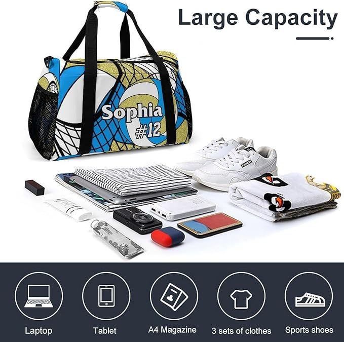 Custom Volleyball Blue Gold Duffel Bag with Name Personalized Travel Bags Sport Gym Bag Carry On Weekender Bags for Men Women