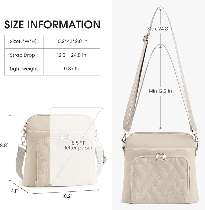 G4Free Anti-Theft Crossbody Bags for Women, Lightweight Nylon Shoulder Purse Medium Handbags for Travel Work-Beige