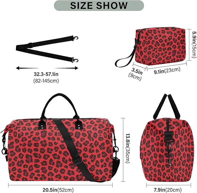Travel Duffle Bag, Red Leopard Print Cheetah Gym Bag with Storage Bag Weekender Overnight Bag for Men Women Trip Sports Yoga