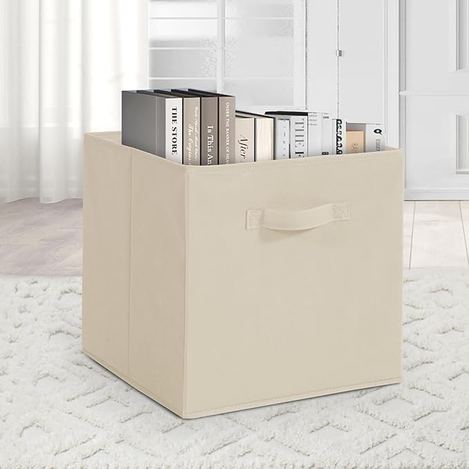 11 Inch Fabric Storage Cubes, Sturdy Foldable Storage Bins, Heavy Duty Cube Organizer for Clothes, Blankets, Shelves, Closets, Bedroom, Living Room, Beige, 7 Pack