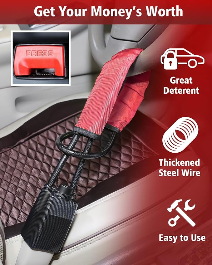 Upgraded car Steering Wheel Lock, seat Belt Lock and Anti-Theft Device, Water Transfer Printing Process, 3 Keys, Multi-Functional, Suitable for Most Vehicles, SUVs and Golf cart Security (red).