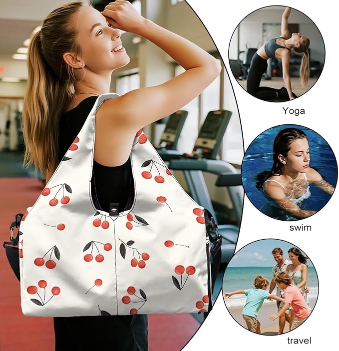 Waterproof Womens Duffle Bag with Pockets, Double Zipper, Cherry Gym Bag with Shoe Compartment, Overnight Bag with Yoga Mat Holder Gift for Anniversary
