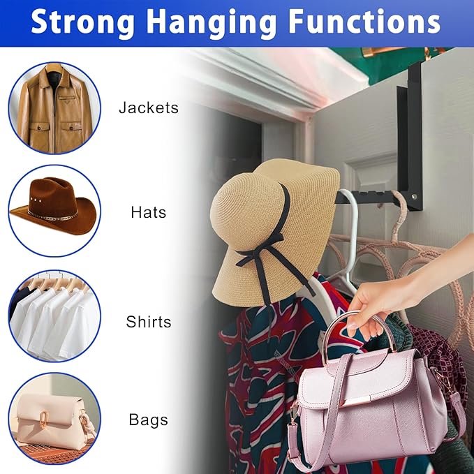 1 Pcs Black Folding Over Door Clothes Drying Laundry Rack Hooks - 6 Groves, Hanger for Clothes & Towels, Bedroom & Bathroom