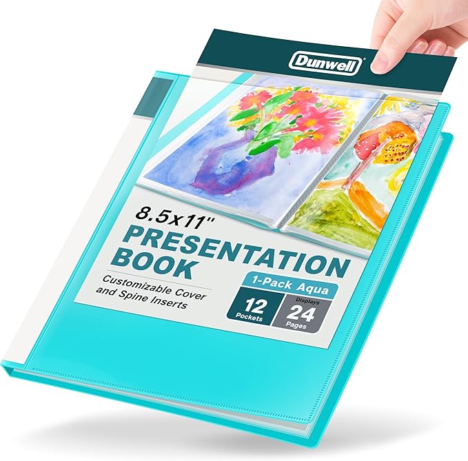 Dunwell 12-Pocket Presentation Binder with Plastic Sleeves (24 Viewable Pages), 8.5x11 Portfolio Folder, Top-Loading Sheet Protectors, Customizable Cover, Organizer for Photos, Recipes (Aqua)