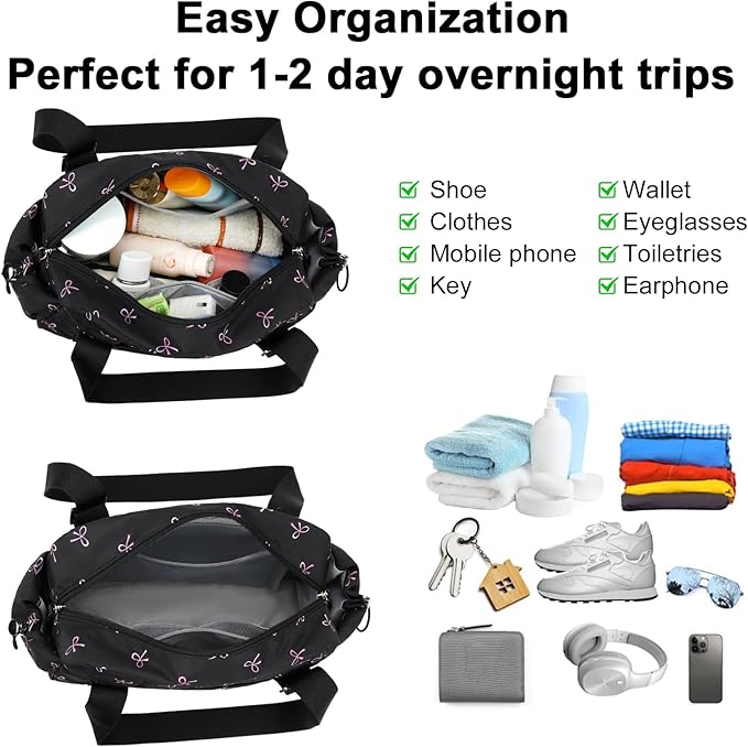 CAMTOP Mini Gym Bag for Women, Small Gym Tote Bag Puffy Quilted Sports Duffel Bag with Wet Compartment and Coin Purse Duffel Bags Dance Yoga Workout Bag for Gifts (Black Pink Bow, Mini-12.6")