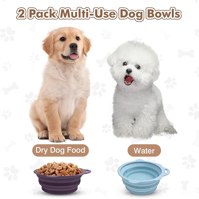 Collapsible Dog Bowls 2 Pack, Silicone Dog Bowl for Small Dogs, Dog Travel Bowl with a Lanyard Hole, Puppy Bowls for Water and Food, Travel Pet Bowls Blue & Purple, 11.3oz × 2