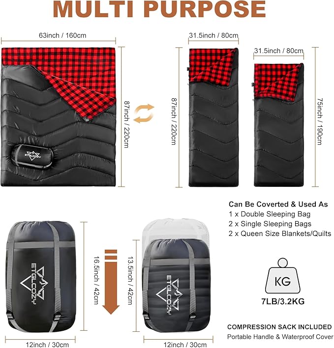 XL Queen Size 2 Person Double Sleeping Bag for Adults, Lightweight Compact with Flannel Liner & Thermolock Draft Tube, Machine Washable All Season Camping Travel