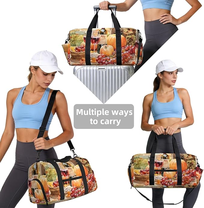 Sports Gym Bag Grape Wine Art Painting Travel Duffel Bag With Shoe Compartment Shoulder Strap, Lightweight Water-Resistant Weekend Overnight Totes For Women Men