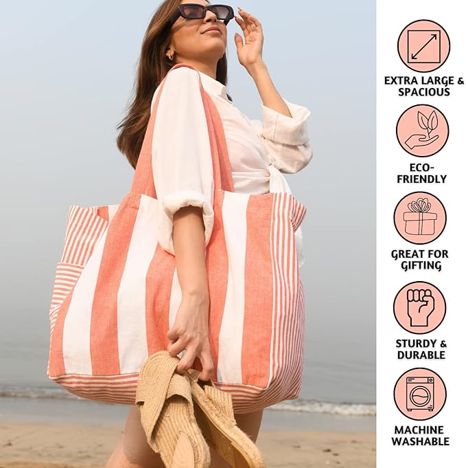 Folkulture Beach Bag For Women | 17 x 14 Inch - 100% Cotton Beach Tote Bag With Zipper Pocket Inside, Large Woven Pool Bag