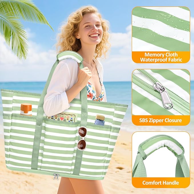 Large Beach Bag with Zipper, 12 Pockets Waterproof Sandproof Pool Bag Womens Mesh Beach Tote Bag for Travel Vacation