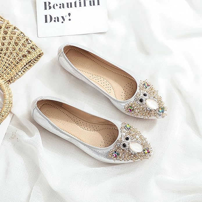Women Ballet Flats Sparkly Rhinestone Wedding Ballerina Shoes Pointed Toe Foldable Comfort Slip on Flat Dress Shoes