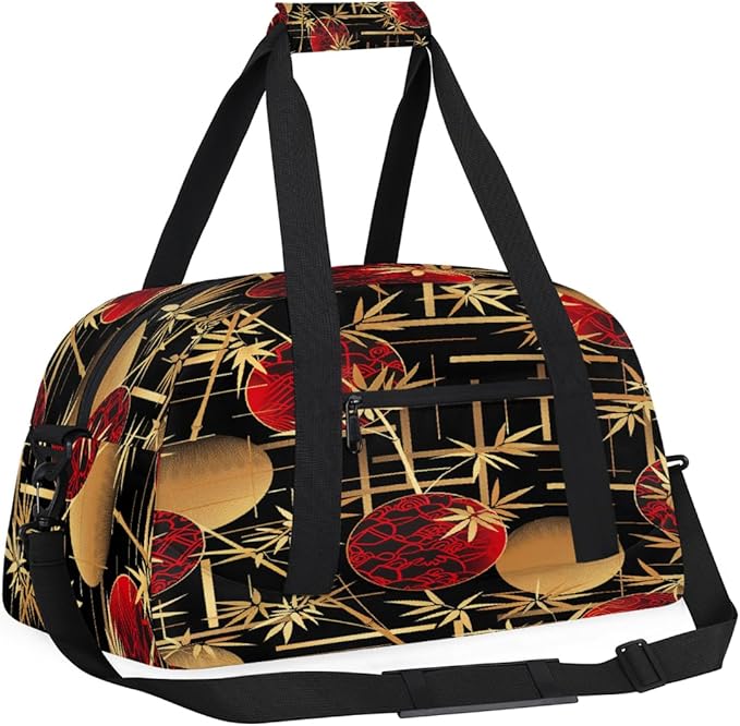 Duffle Bag for Women Men, Red Bamboo Pattern Gym Bag for Travel Sports, Lightweight Waterproof Weekender Overnight Bags with Adjustable Strap