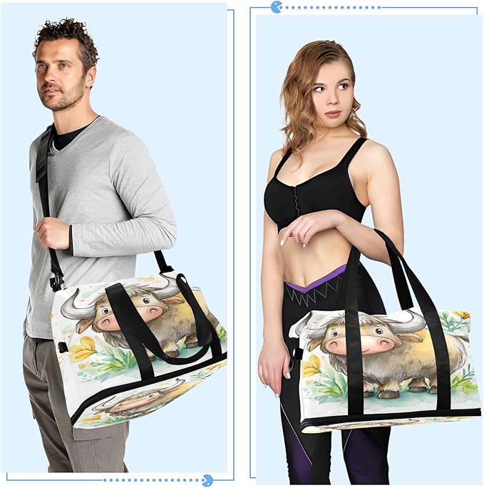 Travel Duffel Bags for Women Cute Cartoon Yak with Wildflowers Sports Duffel Bags Gym Bags with Shoes Compartment Tote Bag Weekender Bag for Travelling