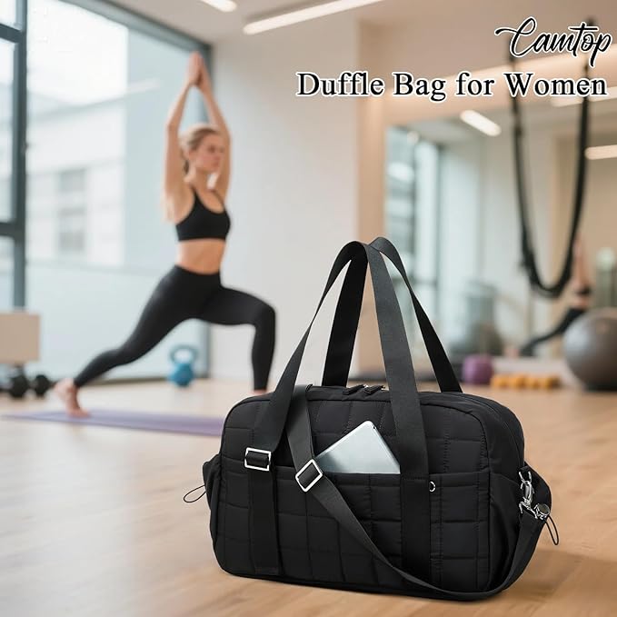 CAMTOP Mini Gym Bag for Women, Small Gym Tote Bag Puffy Quilted Sports Duffel Bag with Wet Compartment and Coin Purse Duffel Bags Dance Yoga Workout Bag for Gifts (Black, Medium-16")